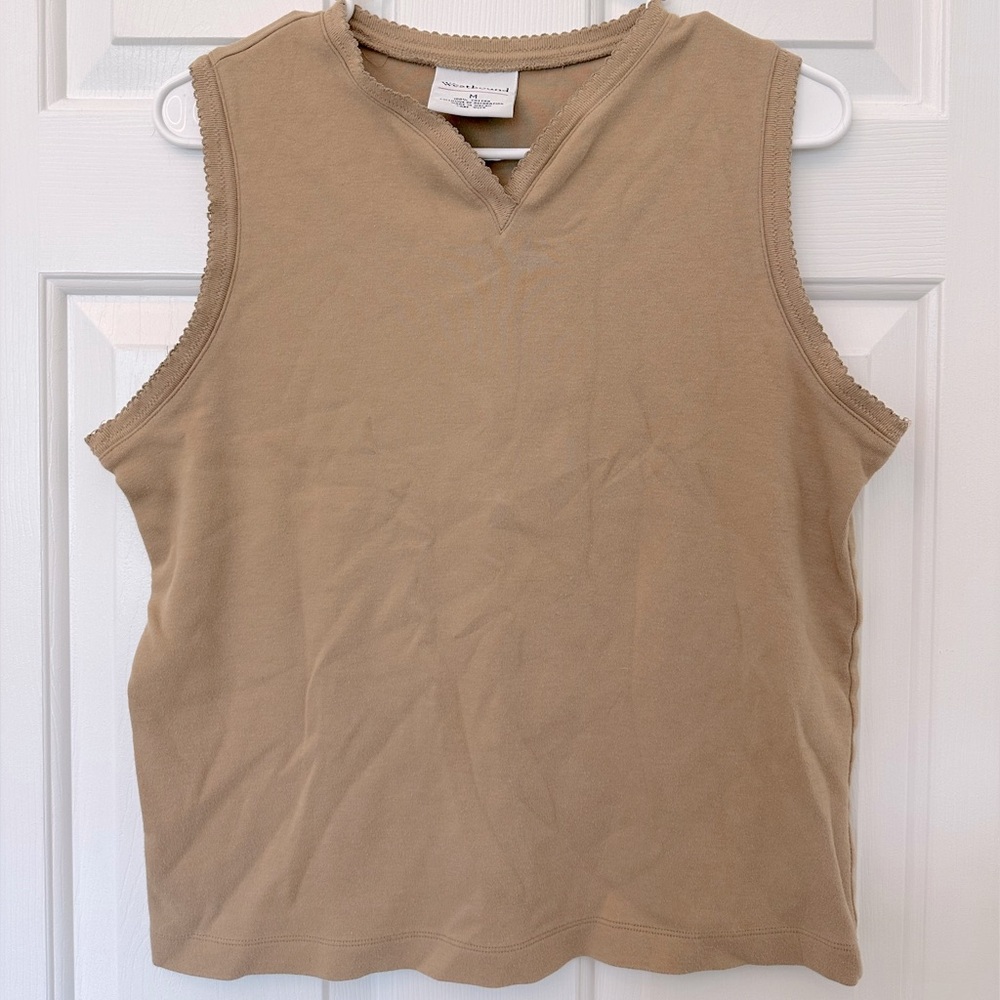 Vintage Westbound Tan Sleeveless Tee with Scalloped Detail - Medium